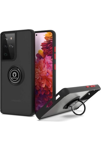 AWH جراب Galaxy S21 Ultra شفاف مقاوم للصدمات مع حامل حلقي وحامل مغناطيسي، أسود