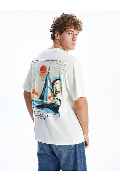 LC Waikiki Ανδρικό μπλουζάκι XSIDE Ecru Crew Neck με στάμπα χτενισμένο βαμβακερό