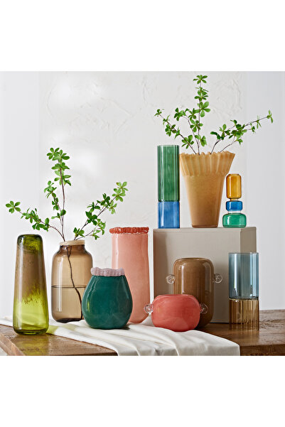 erorex Reva Handmade Premium Glass Pumpkin Vase with Clear Handle - 21.5x16x13 cm