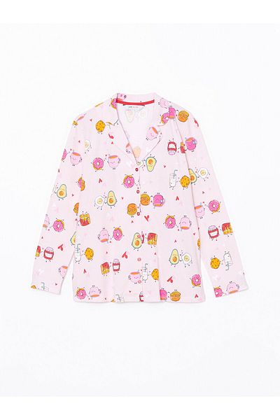 LC Waikiki Lcw Young Pink Shirt Collar Printed Women's Pajama Top