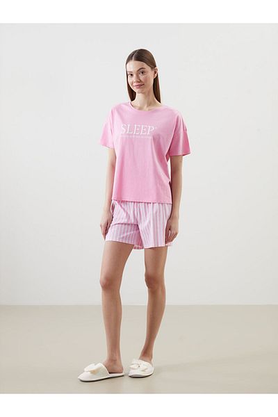 LC Waikiki Σετ πιτζάμες LCW Young Pink Crew με εμπριμέ γυναικείο σορτς