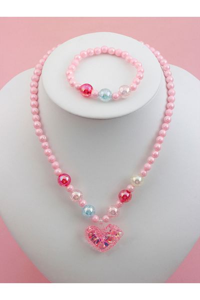 Choice MULTI 40cm 2pcs Girls heart beaded necklace and bracelet four seasons daily wear color random