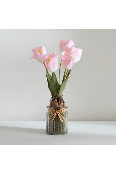 erorex Caven Tulip Arrangement in Glass Vase - 13x13x34 cm