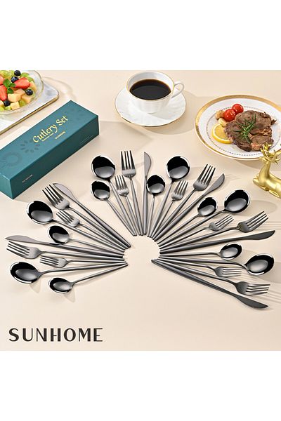 Sunhome 30-Piece Stainless Steel Cutlery Set Black