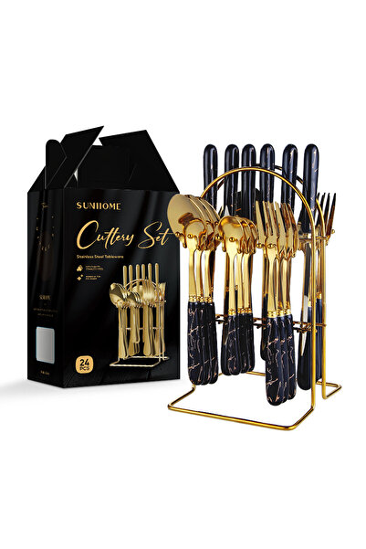 Sunhome طقم أدوات مائدة من الفولاذ المقاوم للصدأ مكون من 24 قطعة مع حامل، ذهبي/أسود
