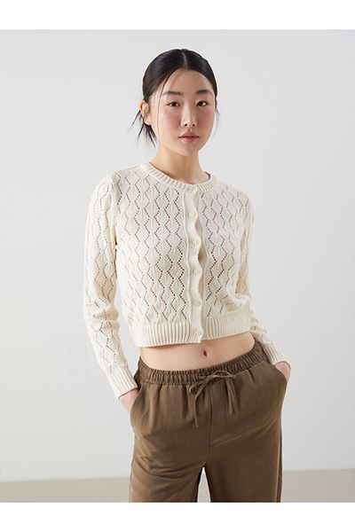 LC Waikiki Xside Ecru Crew Neck Openwork Women's Knitwear Cardigan