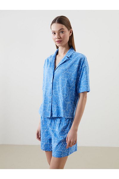 LC Waikiki Set de pijamale pentru femei LCW Young Blue cu guler de cămașă cu imprimeu și pantaloni scurți