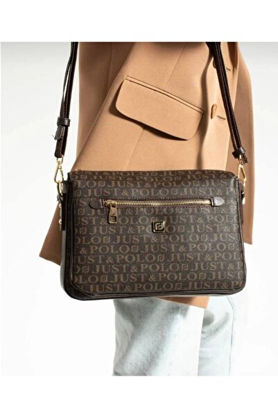 çantamgelsin JustPolo Kadın 6 Bölmeli Çapraz Çanta Omuz Çantası Monogram Baskılı
