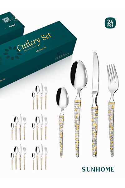 Sunhome طقم أدوات مائدة من الفولاذ المقاوم للصدأ مكون من 24 قطعة باللون الذهبي