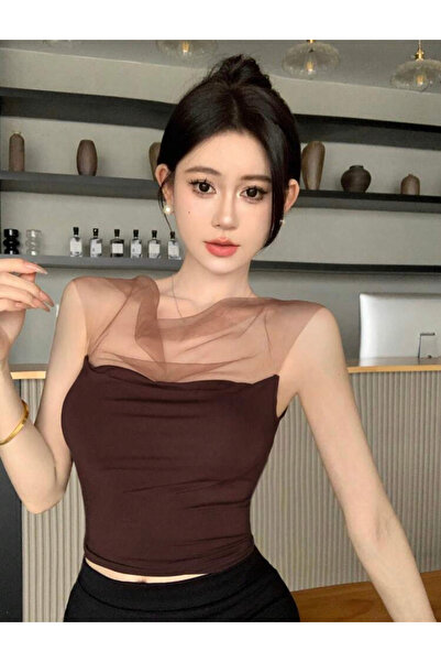 La Saade Y2k Kore Tarzı Kahvrengi Tül Bluz