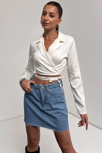Fav Style Λευκή Crop Μπλούζα - Μακρυμάνικο, Πουκάμισο Γιακά, Λεπτομέρεια με Δαντέλα