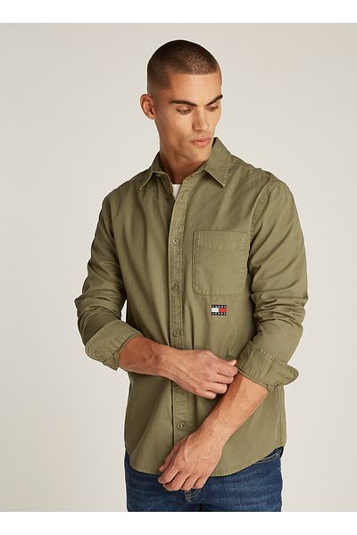 Tommy Jeans Green Plain Men's Shirt - Regular Fit Dm0Dm21107M12 Tjm Reg Washed Twill
