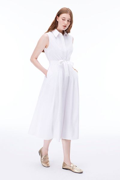 Perspective Amelias Regular Fit Midi Length Zero Sleeve Shirt Collar White Dress