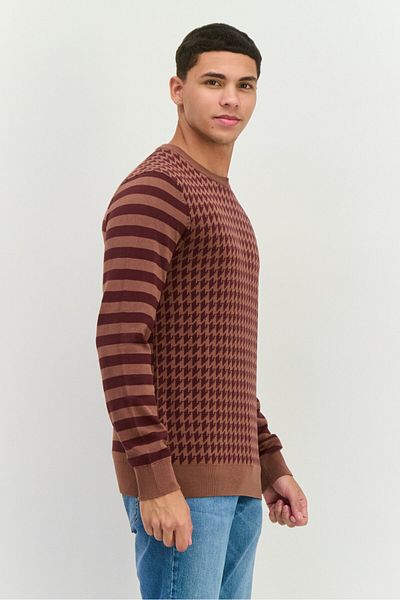 Perry Ellis Men Crew Neck Long Sleeves Allover Printed Sweater, Brown Combo