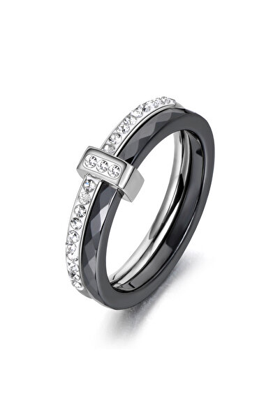 Choice 7 R18054P-خواتم زفاف JeeMango سوداء/بيضاء من السيراميك والكريستال مكون...