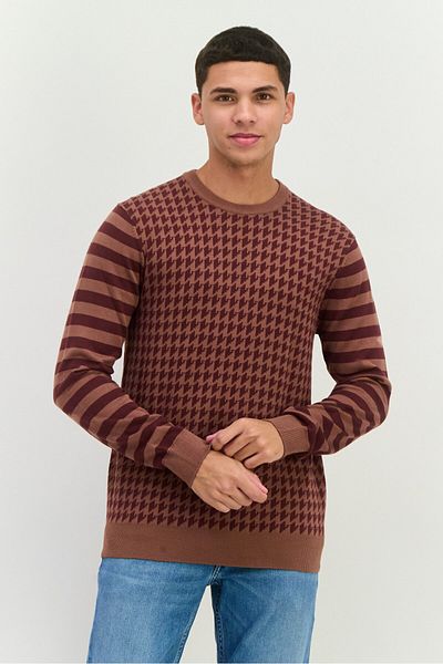 Perry Ellis Men Crew Neck Long Sleeves Allover Printed Sweater, Brown Combo