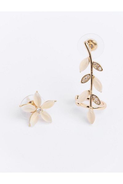Jimmy Key White Flower and Branch Figured Earrings