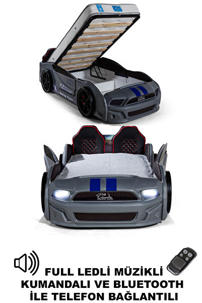 Ferramini Bazalı Gri Arabalı Yatak Kapıları Açılan MST Full Ledli Kumandalı ve Müzikli