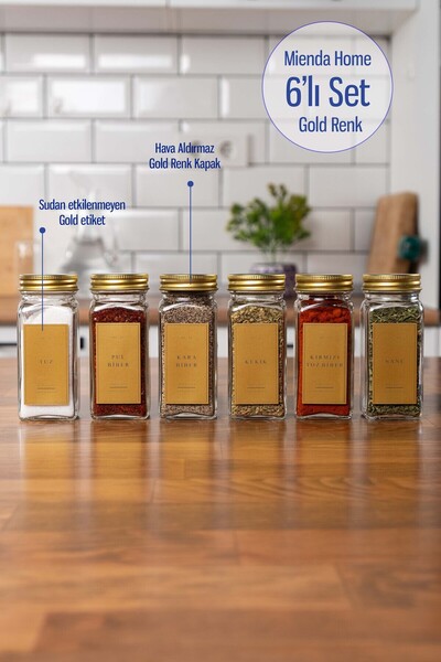 EVLE 6-Piece Spice Set Gold Lidded-Gold Labeled Glass Spice Set