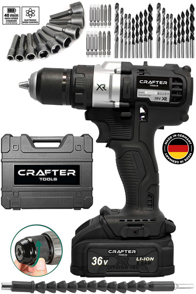 CRAFTERTOOLS 36V 5Ah XR Metal Şanzıman Çelik Mandren Çift Akülü Şarjlı Matkap Akülü Vidalama