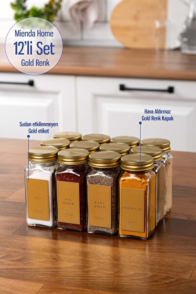 EVLE طقم وعاء توابل مكون من 12 قطعة بغطاء ذهبي زجاجي وملصق ذهبي