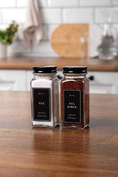 EVLE Set of 2 Glass Spice Jars with Lids Black Label Spice Jars Set