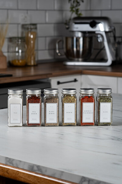 EVLE Set of 6 Glass Spice Jars with Silver Lid and White Label Spice Jar