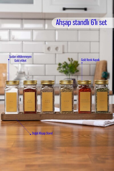 EVLE Set of 6 Glass Spice Racks with Wooden Long Stand Gold Lidded Spice Rack