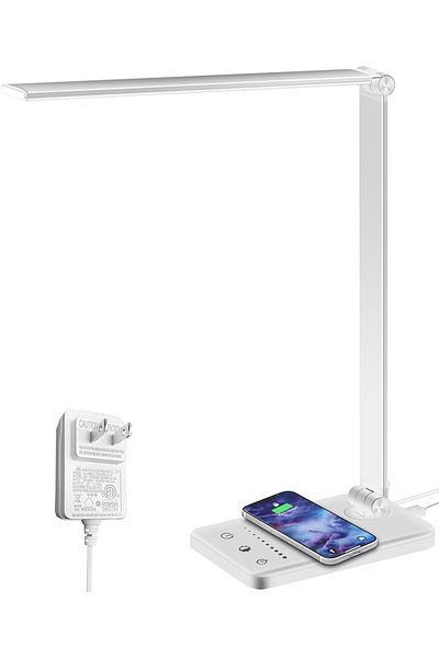 COOYA Portable LED Desk Lamp, With USB Charging, 5 colour modes, adjustable arm, for work, study, White