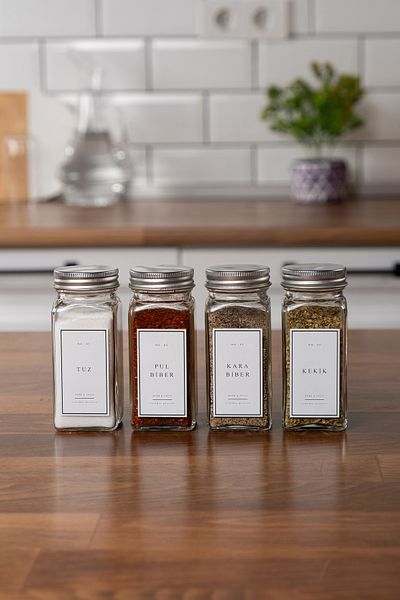 EVLE Set of 4 Glass Spice Jars with Lids and White Labels
