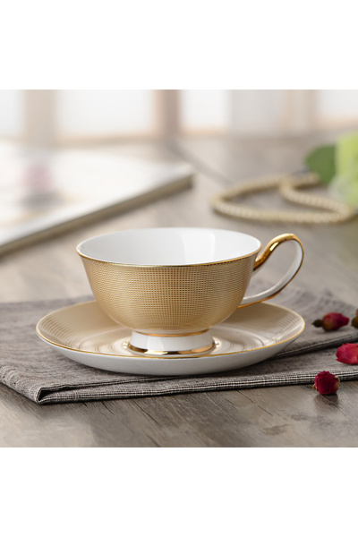 sharpdo Ceramic Coffee Cup and Saucer Set, 220ml, Classic Design, Gold Color, Made of Porcelain for Espresso
