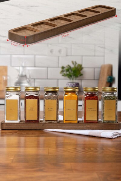 EVLE Set of 6 Glass Spice Racks with Wooden Long Stand Gold Lidded Spice Rack