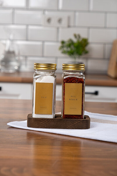 EVLE 2'li Ahşap Standlı Cam Baharatlık Seti Gold Kapaklı Etiketli Baharatlık ...