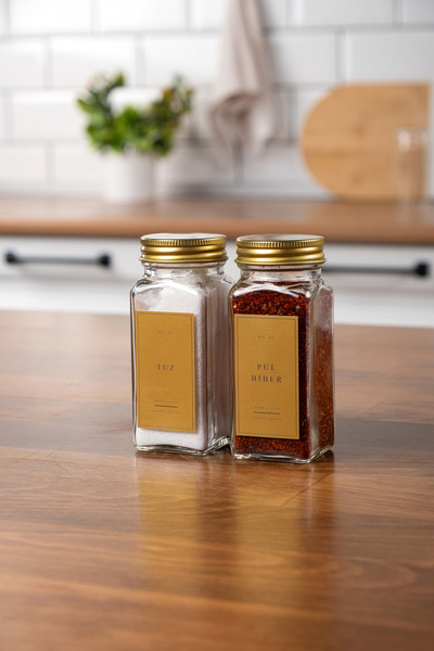 EVLE 2'li Cam Baharatlık Seti Gold Kapaklı Etiketli Baharatlık Takımı