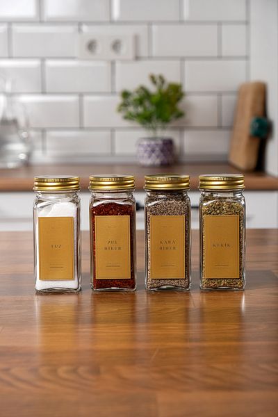 EVLE Set of 4 Glass Spice Jars with Gold Lid and Label Spice Jars