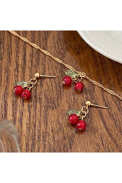 Choice A Cherry Red Necklace Earring Set Light Luxury And Niche Design Collarbone Chain Elegant And Exquis.