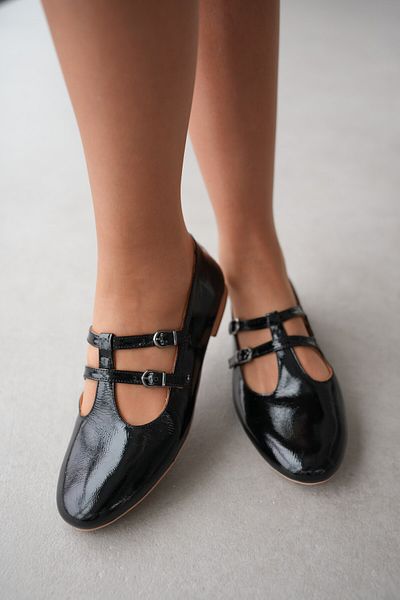 selinshoes Julie Genuine Leather Front Double Belt Detailed Ankle Strap Women's Ballerinas - Black