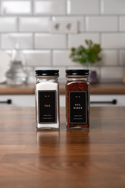 EVLE Set of 2 Glass Spice Jars with Lids Black Label Spice Jars Set