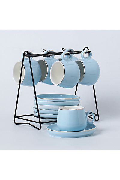 sharpdo 125ml Ceramic Round Handle Six Cup And Saucer Set With Iron Frame