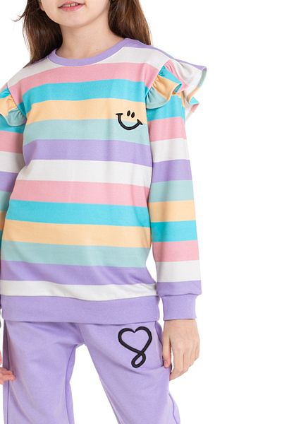 CiciTime Çocuk Modası Smiley Face Embroidered Sleeve Ruffled Girl's Tracksuit Set