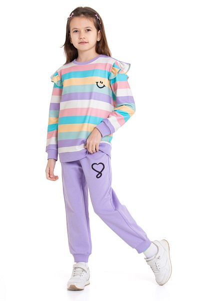 CiciTime Çocuk Modası Smiley Face Embroidered Sleeve Ruffled Girl's Tracksuit Set