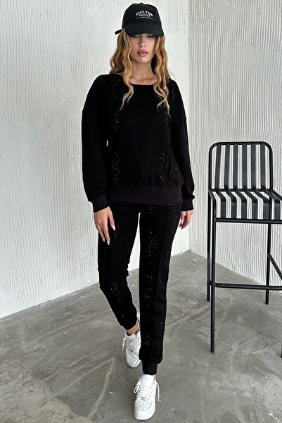 RICH GLAM Rahat Kesim Crystal Taşlı 3 Iplik Pamuklu Şık Yüksek Belli Siyah Kadın Eşofman Takımı