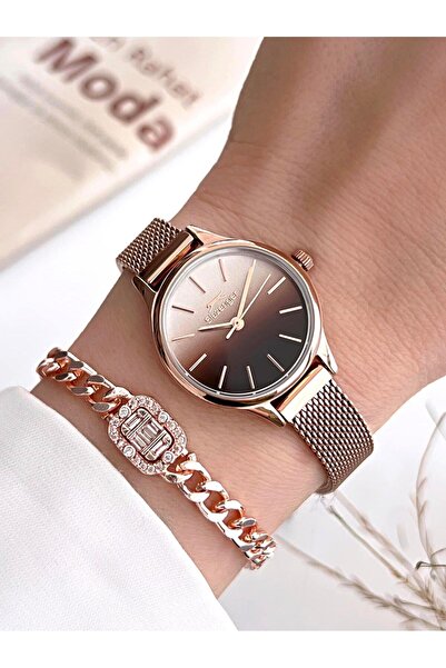 Slazenger Mini Kasa Bronz Kaplama Renk Atmaz Su Gecirmez Bileklik Hediyeli Hasir Kordnlu Kadın Kol Saati