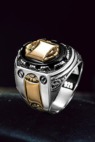 OSMANLI GÜMÜŞ Erkek Gümüş Yüzük - Harf Yazılabilir Kehribar Taşlı 925 Ayar Er...