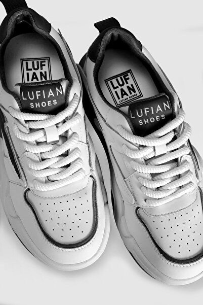 Lufian Hakiki Deri Bağcıklı Kadın Sneaker Siyah Beyaz Ayakkabı