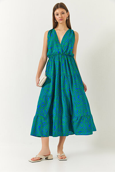 Bianco Lucci Women's Double Breasted Neckline Elastic Waist Back Rope Tie Print Dress 60261428