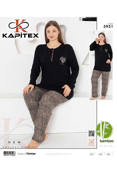 KAPİTEX Model 5951 pentru femei - Set de pijamale cu mânecă lungă cu imprimeu leopard și îmbrăcăminte pentru acasă