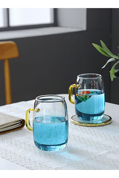 sharpdo Two Pieces 320 ml Glass Marble Cup With Yellow Handle