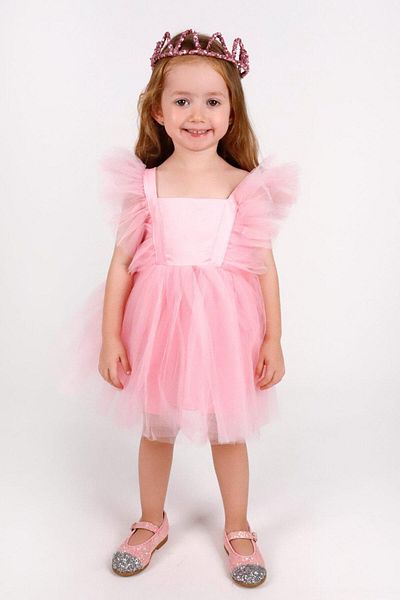 Le Mabelle Pink Girls' Dress with Tulle Shoulders - Caroline