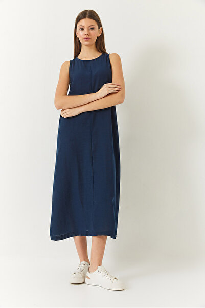 Bianco Lucci Γυναικείο λινό φόρεμα με χοντρό λουράκι με λεπτομέρεια καλοκαιριού 353 60261430